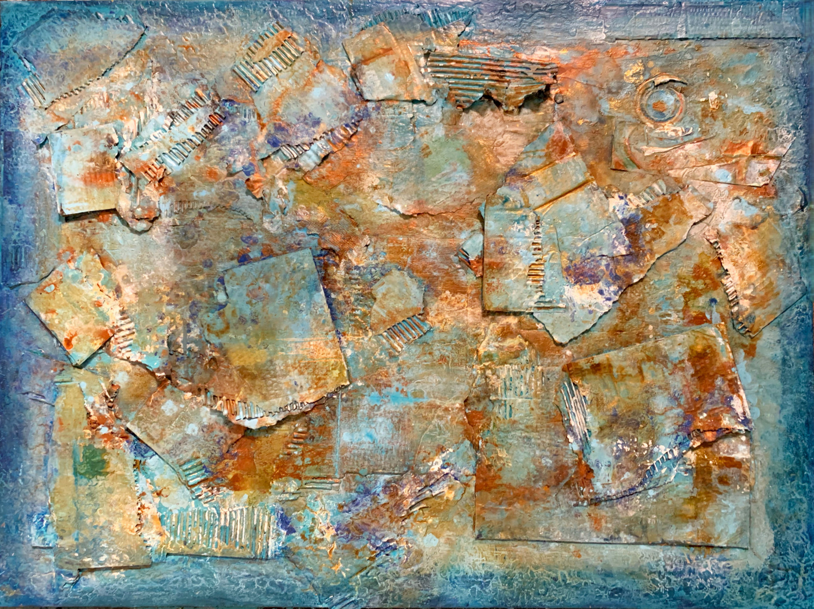 "Mineral deposits" 48x36h" mixed media recycled objects and paint on canvas