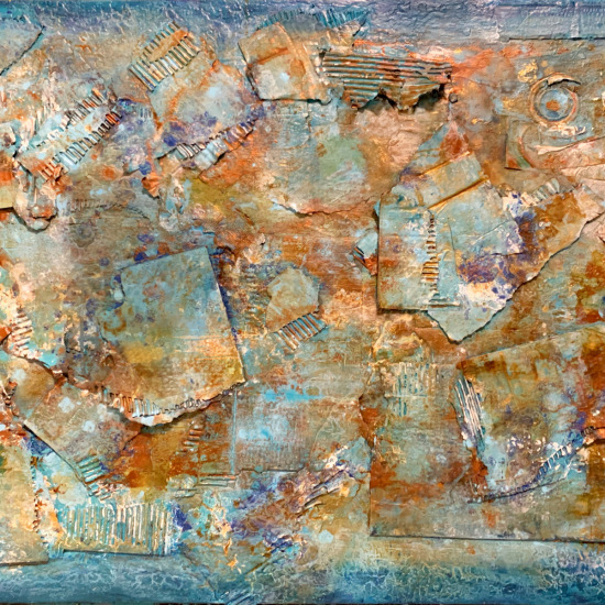 "Mineral deposits" 48x36h" mixed media recycled objects and paint on canvas