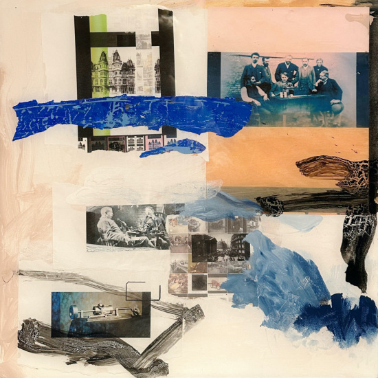 Christine-Laubach-"19th-century-inventions" -20x20"-mixed media on canvas, acrylic-paint,recycled materials,pastel, charcoal, resin-coat
