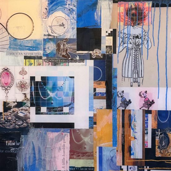 "Follow far enough" 20x20" mixed media, resin,recycled material,acrylic paint