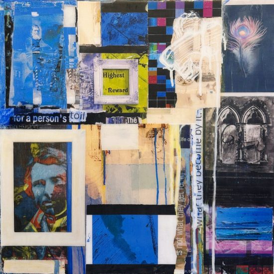 "Highest Reward" 20x20" mixed media,recycled material, acrylic paint& resin