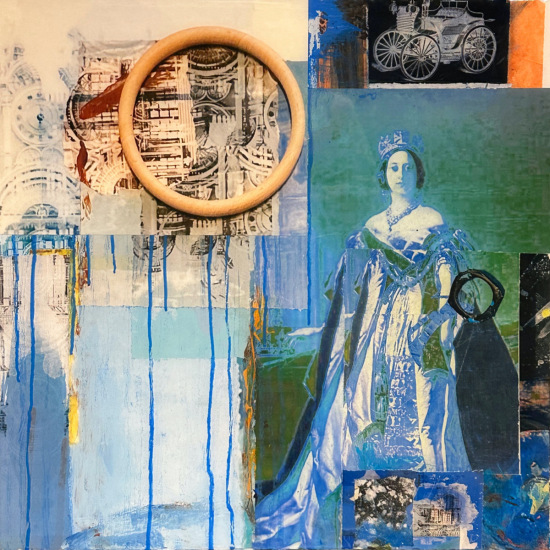Christine-Laubach-"Queen-Victoria-in-blue-green" 20x20"-mixed-media-on-canvas,-acrylic-paint,recycled materials, pastel, charcoal, resin-coat