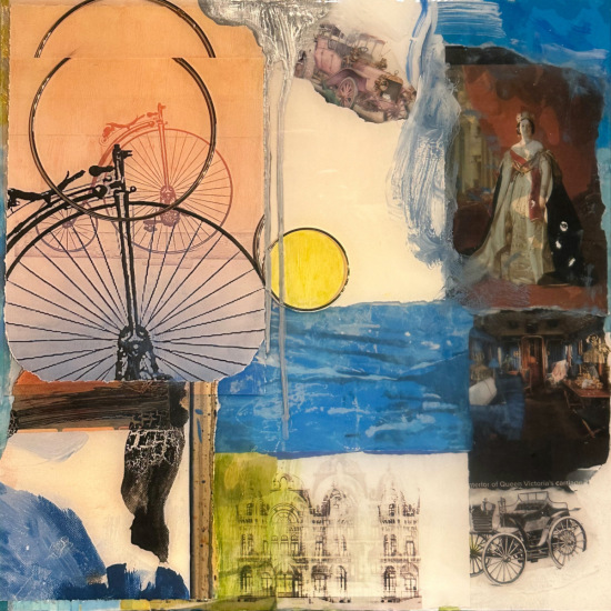 Christine-Laubach-"Velocipede-1860" -20x20" mixed-media-on-canvas,acrylic paint, recycled materials, pastel, charcoal,resin-coat