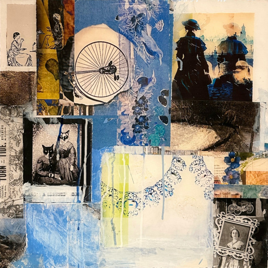Christine-Laubach'Blue-Carrick-coat'-20x20" -mixed-media-on-canvas,recycled materials,acrylic-paint, pastel, charcoal, resin-coat