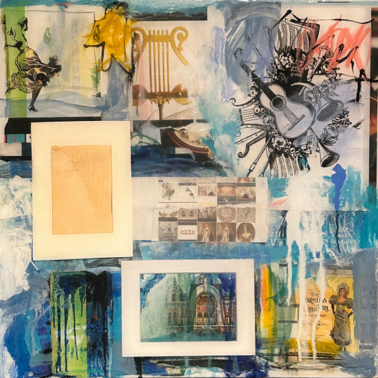 Christine-Laubach"Fond-of-Victorian-instruments-parlor-songs"-20x20"mixed media collage on canvas, acrylic-paint,recycled materials, pastel, charcoal, resin-coat