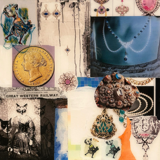 Christine-Laubach-"Victorias-Jewels"-20x20"-mixed media on canvas, acrylic-paint,recycled materials, pastel, charcoal, resin-coat